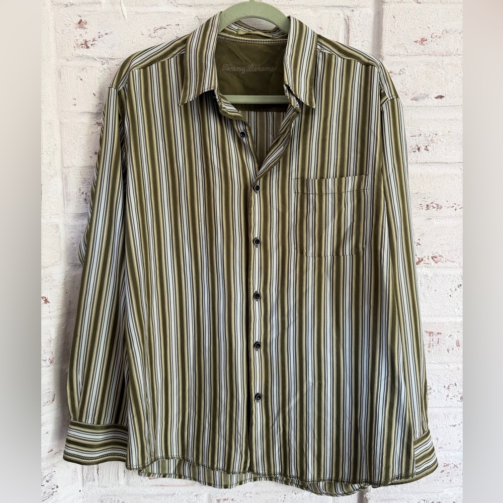 Tommy Bahama Men's 100% Silk Green & Gray Striped Button Down Shirt-Size L